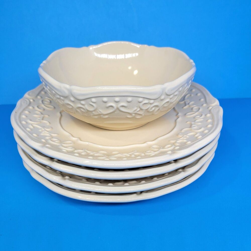 Temp-tations by Tara VINTAGE GRACE Cream 7-3/4" Dessert Plates 1 Bowl 5 Pieces